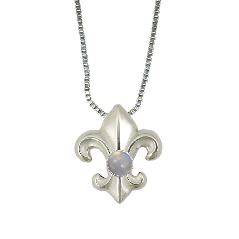 Sterling Silver Fleur de Lis Pendant Necklace With Rainbow Moonstone